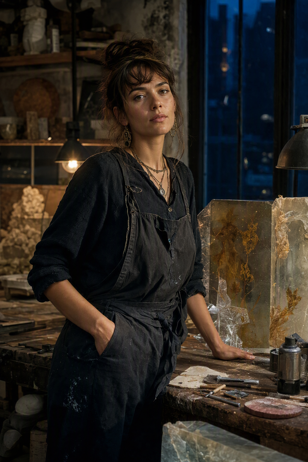 Portrait of interdisciplinary artist Amara Voss in her glass workshop