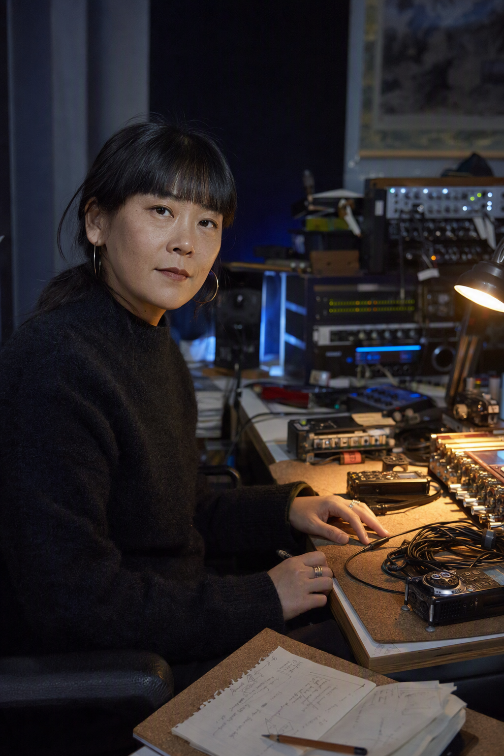 Portrait of sound artist Ren Ito beside field recording equipment