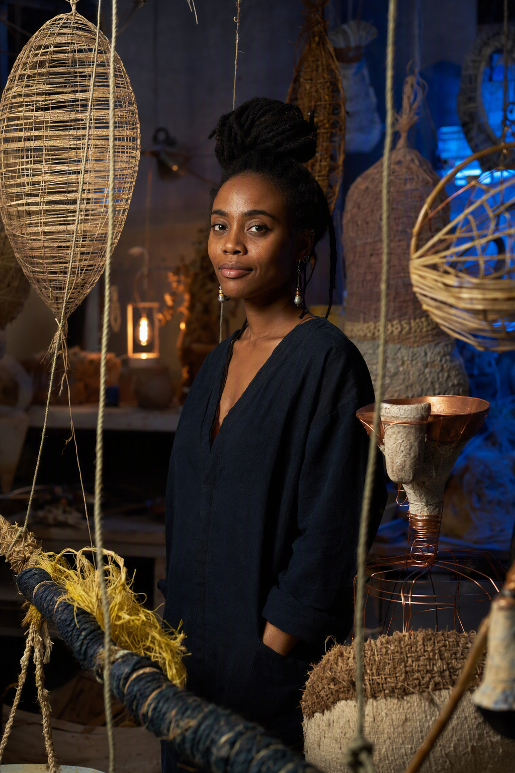 Portrait of choreographer Selene Okafor in a textile-filled studio
