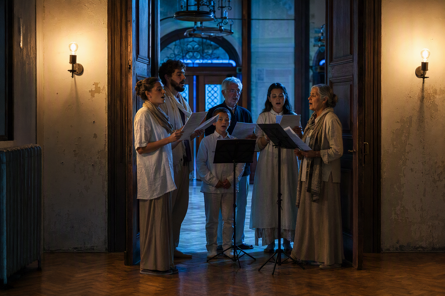 Singers spaced through an abandoned room illuminated by amber work lights