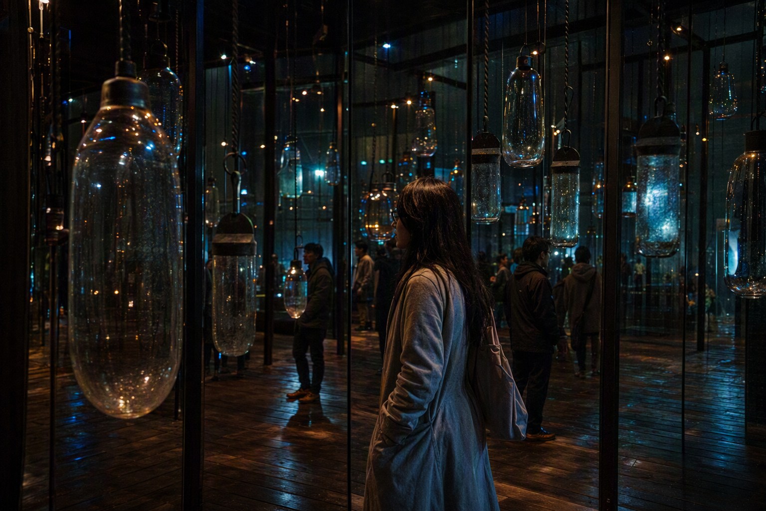 A dancer refracted through suspended panes of textured glass