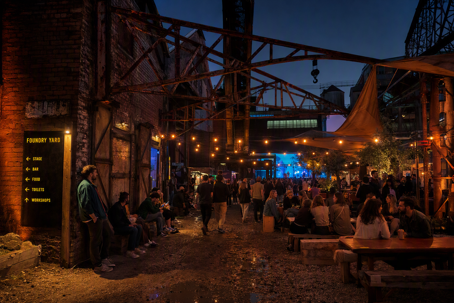The brick courtyard of Foundry Yard transformed by pools of coloured light at night
